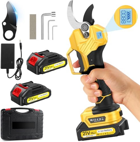 Forbici Potatura a Batteria, 50mm Potatura Elettriche con Display, 2 x 21V/2000 mAh Potatura Elettriche a Basso Rumore Cesoie a Batteria per potatura è Adatto per Frutteto, Vigneto, Giardino, Fattoria