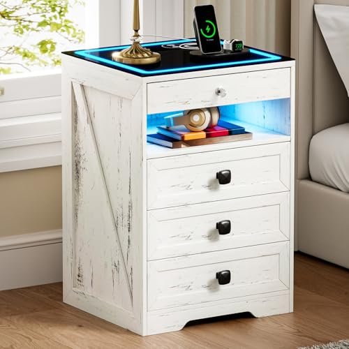 yoofun LED White Bedside Table with Wireless Charging Station, Farmhouse Bed Side Table with 4 Drawer, Smart Nightstand with Type-C USB, Lockable Storage Cabinets Bedroom Living room