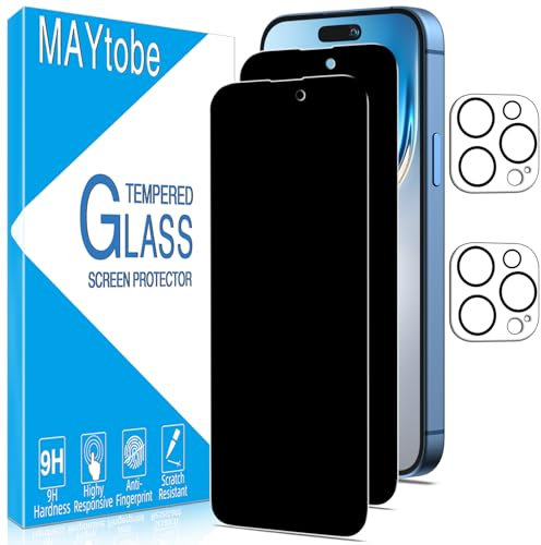 MAYtobe 2 Pack Privacy Screen Protector for iPhone 15 Pro Max with 2 Pack Camera Lens Protector, Anti Spy Tempered Glass, Case Friendly, Anti-Scratch, Ultra Resistant, No Bubbles