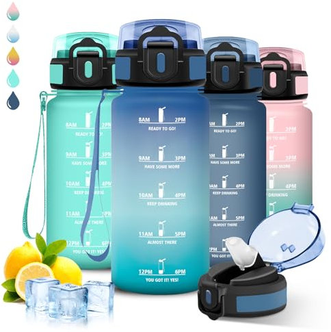 Gourde- 500ml- Gourde Enfant, Gourde Paille, Anti Fuite, Gourde Graduée pour 1 Journee, avec Marqueur de Temps, Gourde Motivation, Verrou de Sécurité, Bouteille pour École, Camping, Bureau, Voyage