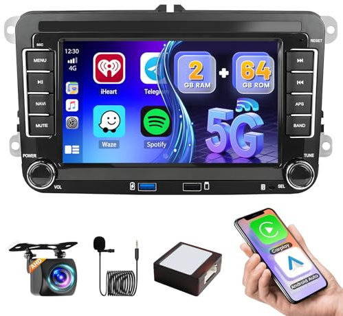 2+64GB Hikity Android 15 Radio de Coche Wireless CarPlay para VW Golf 5 6 Passat Polo Transporter Seat Leon Skoda Pantalla Táctil 7 Bluetooth Radio Android Auto, GPS, WiFi, RDS FM, DSP, Cámara, Mic