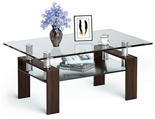 LIFEZEAL Table Basse Rectangulaire, Table de Salon à 2 Niveaux avec Plateau en Verre Trempé, Meuble de Salon Moderne avec Cadre en Métal, Transparent et Marron, 99,5 x 59,5 x 44,5 cm