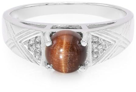 Cavill Roter Tigerauge Ring Damen 925er Sterlingsilber mit 0,79ct rundem Cabochon & 6 weißen Topas Stein Akzenten, eleganter Silberring Größe 17, modernes Design