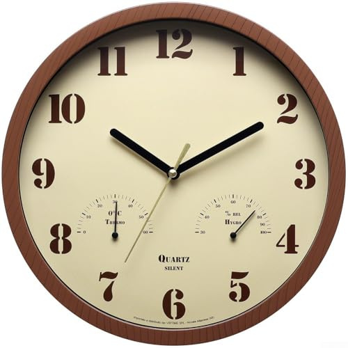 UrbanHui Lautloses Thermometer-Hygrometer-Uhr, 25,4 cm, rustikales Holz, wetterfest, für Innen- und Außenbereich, Terrasse, Küche, Wanddekoration (Holzmaserung)