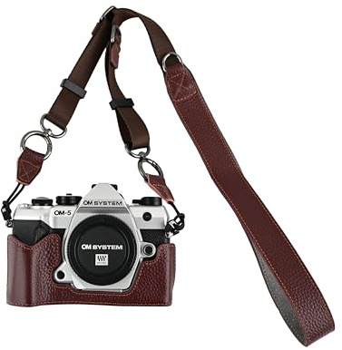 BMAOLLONGB OM-5 Mark II Case, Litchi Handmade Genuine Real Leather Half Camera Case Bag Cover for Olympus System OM-5 Mark II Bottom Opening Version + Neck Strap (Brown)
