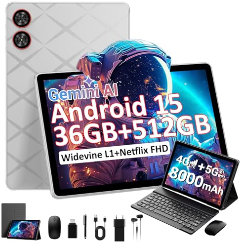 TIGERFU Android 15 Tablet, Tablet 11 Pollici con SIM e WiFi, 36GB+512GB (TF 1TB), 4G LTE e 5G WiFi, Widevine L1, 2000 * 1200 IPS, 8000mAh/8MP+13MP/OTG/GPS, Tablets con Tastiera/Mouse/Custodia - Grigio