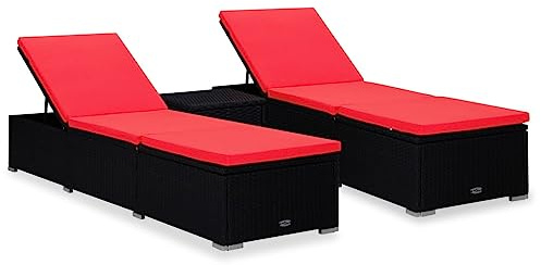 Ziaphsol 3-TLG. Garten-Sonnenliegen-Set aus schwarzem Poly Rattan mit Teetisch, verstellbar, wetterfest, für Terrasse, Pool, Outdoor Lounge, 2 Liegen, 1 Tisch, Rot