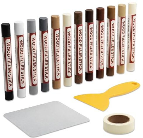 YYMT 15-Piece Laminate Floor Repair Kit, 12 Colours Heat-Activated Wood Wax Filler Sticks with Scraper, Masking Tape & Cloth, Wood Scratch Repair Crayons for Furniture, Parquet, PVC & Vinyl Flooring