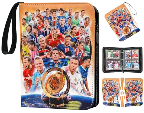 Oirigaga Fussball Sammelkarten Album 4 Fächern 50 Hüllen für 400 Karten, Fußball Karten Sammelalbum Sammelmappe Sammelheft Sammelbuch mit Reißverschluss Tragegriff, Wasserdicht Sport Karten Ordner