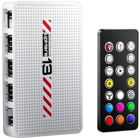 upHere ARGB-Controller,5V 3-Pin PWM Temperaturregelung,Drahtloser Fernbedienungshub, ARGB Hub,Fan Hub,RGB Controller PC für Gehäuselüfter,RGB-Beleuchtungssynchronisation,10X Anschlüsse,P13PARGB WT