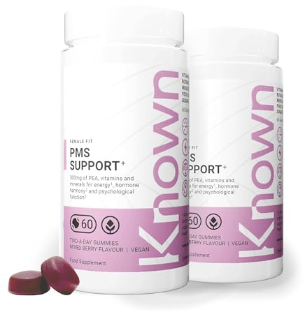 Known PMS Support Gummies 300mg – 2 Month Supply – Mixed Berry | 3rd Party Tested – Vegan – Palmitoylethanolamide, Iron, Vitamin B6 – Supports Hormonal Balance & Cognitive Function