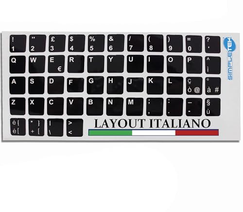 SIMPLETEK - Adesivi per Tastiera PC e Laptop - Layout Italiano (QWERTY) - 13x11 mm - Sfondo Nero e Testo Bianco - Versione Ultraslim Lucida Coprente