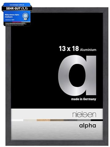 nielsen Bilderrahmen, 13 x 18 cm, Aluminium, Grau glanz, Fotorahmen zum Auftstellen und Aufhängen im Hoch- & Querformat, Echtglas, Alpha