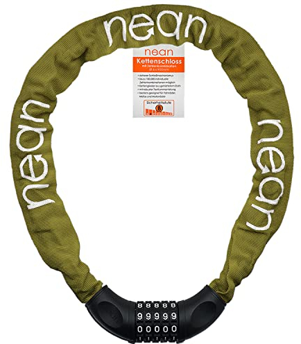 nean Fahrradschloss mit Zahlen, Kettenschloss hohe Sicherheitsstufe, Fahrradschloss Zahlenschloss mit Code, Fahrrad Schloss mit Kette aus gehärtetem Stahl, Textilmantel, Olivgrün hell, 6 mm x 900 mm