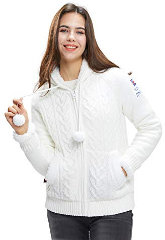 Extreme Pop Womens Hooded Cable Knitwear Zip Up Cardigan Sweaters Warm Fleece Sherpa Lined Winter Jacket UK Stock (M, White)