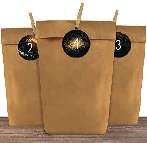 24 Adventskalender Kraftpapiertüten mit 24 Zahlen-Aufklebern Golden Christmas zum Verschließen für den Adventskalender zum Basteln und Befüllen