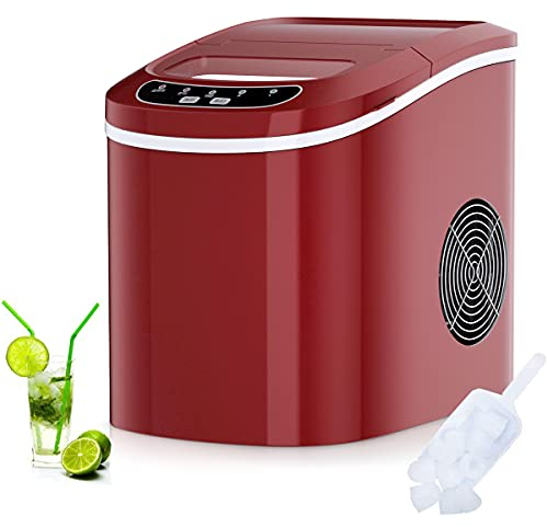 RELAX4LIFE Eiswürfelmaschine, Eismaschine mit Eiswürfelschaufel & Eiskorb, 12 kg in 24 Std, 9 Eiswürfel in 6-13 min, 2,2 Liter Wassertank, 2 Eiswürfelgrößen, Ice Maker für Haushalt Büro (Rot)