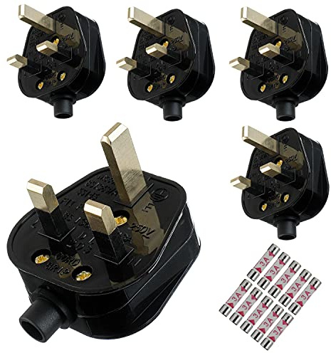 HUAREW 3A Fused Mains Plug With Cord Grip For UK Fuses Black ( Pack of 5 pcs)