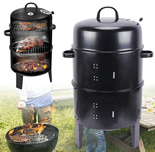 Futchoy Barbecue et fumoir rond 3 en 1 avec jauge de température à 2 niveaux pour jardin, camping, cuisine et grillades en plein air (40 x 84 cm)