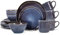 Elanze Designs Reactive Glaze Farmhouse Rustikales Boho-Keramik-Geschirr aus Steingut, 16-teiliges Teller, Schüssel, Tasse, Geschirr-Set – Service für 4 Personen, Violett, Ombré-Blau
