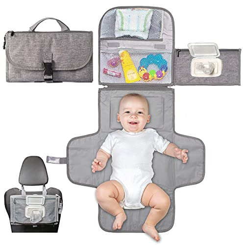 Wickelunterlage für unterwegs kompakte Wickelauflage XL - Kombinierbare abnehmbare Wickeltasche mit 6 Fächern, Tuchspender und bequemes Kissen für den Kopf Ihres Babys. (GRAU)