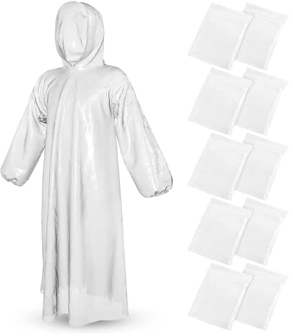 ROUDJER 10 Stück Regenponchos, tragbarer Einweg-Regenmantel für Erwachsene, Ponchos für Damen und Herren, mit Kapuze mit Kordelzug und elastischen Handgelenken für Reisen, Themenparks, Camping