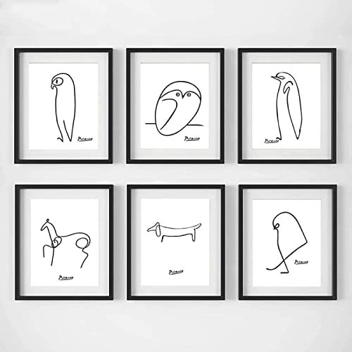 AIVYNA Picasso Minimalistische Strichzeichnung Tiere Poster Schwarz Weiß Wand Gemäldedrucke Leinwand Bild Wohnzimmer Wandbild Wohnkultur Rahmenlos 30×40cm×6pcs
