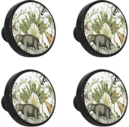 Set of 4 Handles Pulls Giraffe Monkey Elephant Floral Jungle Animal Background Cabinet Hardware knobs for Wardrobe, Cupboard, Dresser, Doors, Closet, Drawers, Kids Room