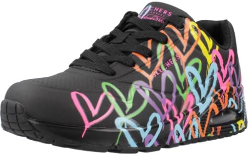 Skechers UNO Sneaker, Black and Multi Heart Print Duraleather/Bla, 35.5 EU