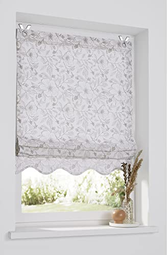 Faltrollo Finja aus Baumwoll-Stoff, dekorativer Volant mit Paspel, Blumenmuster, Landhausstil Größen: Breite 45 cm x Höhe 140 cm