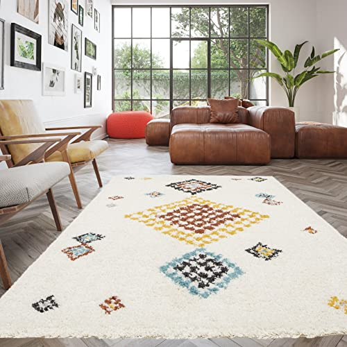 Wohnzimmerteppich Berber, Shaggy-Teppich im Ethno-Stil für das Wohnzimmer und Schlafzimmer, Weich und bequem, Pflegeleicht, 30 mm dick, Hochwertiges Polypropylen, 160x230 cm, Creme - Mehrfarbig