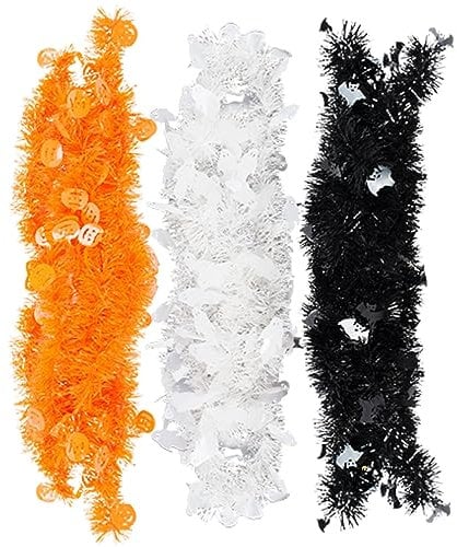 AKH® Halloween Tinsel Garland | 6 Meters (20ft) | Spooky Garland Orange White & Black | Pumpkin Ghost Bat Design Tinsel Banner for Creepy Decoration