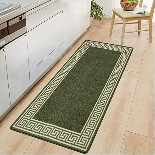 OZMIC Carpet Runners for Hallways Non Slip Long & Wide Heavy Duty Flat Weave Geometric Rug Indoor Stair Carpet Kitchen Floor Mats Runner Pet Mat | 80 X 300 cm - Green & Cream