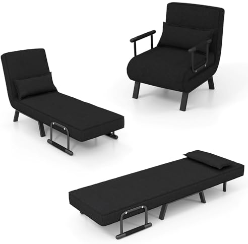 HOMASIS 4 in 1 Schlafsessel mit Bettfunktion, klappbares Schlafsofa mit Armlehnen, Klappsessel mit Verstellbarer Rückenlehne & abnehmbarem Kissen, Bettsessel Sofabett bis 150kg belastbar (Schwarz)
