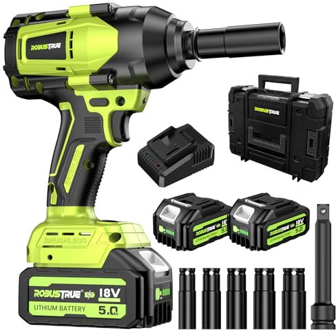 Robustrue 1200N.m (885Ft-lbs) Cordless Impact Wrench, 1/2 Inch Impact Gun Brushless, 0-2400 RPM, w/2x4.0Ah Battery, 4 Socket & Carry Box