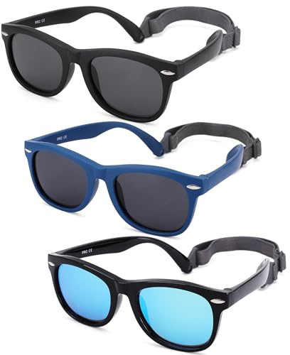 Polarized Baby Sunglasses with Strap - Unbreakable Flexible Infant Sunglasses for Toddlers Age 0-24 Months (Balck/Gray + Blue/Gray + Black/Blue) - 3 Pack