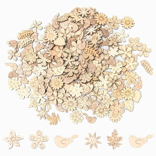 Rebanky 300 Stück Kleiner Vogel Deko Holz Deko Blumen Holzscheiben Kleine Holzblumen zum Basteln Holzblumen DIY für Scrapbooking Basteln,Bemalen Färben (3 Modelle)
