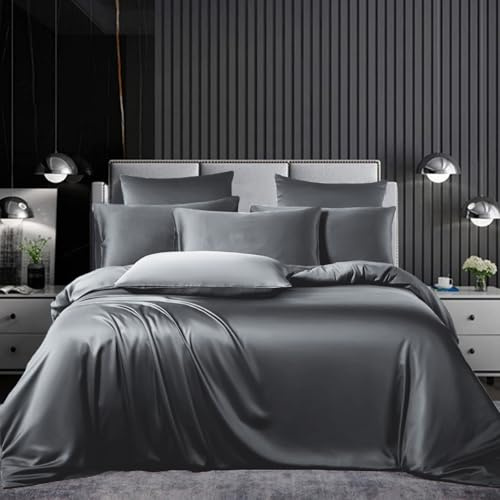 Bettwäsche Set Satin 155x220cm 3teilig Grau Anthrazit Dunkelgrau Silky Touch Glänzend Seide Bettbezug Glatt Luxus Bettwäsche Set weicher Doppelbettmit Reissverschluss und Kissenbezüge 80x80cm