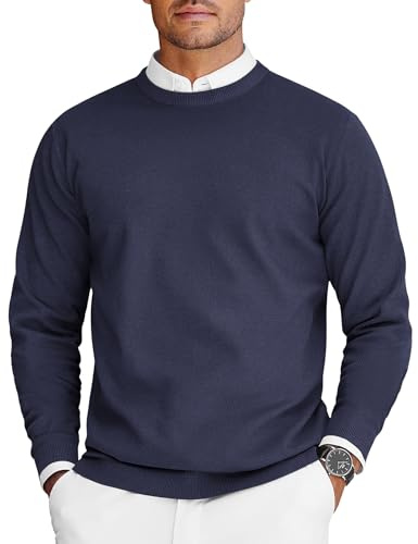COOFANDY Mens Crew Neck Sweaters Long Sleeve Lightweight Knit Dress Pullover Sweaters Navy Blue