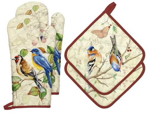 Arquiel Retro Bird Oven Mitts and Pot Holders -100% Cotton, Heat Resistant Extra Long Oven Gloves & Hot Pads for Cooking BBQ Grilling Baking Gift, Set of 4