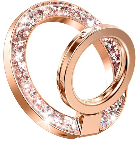 GVIEWIN Magnetischer Handy-Ringhalter, kompatibel mit MagSafe Phone Grip mit Ständer magnetischer Ring-Ständer für iPhone 17 Pro Max/16/15/14/13 Serie/andere Smartphone (Glitzer/Roségold)
