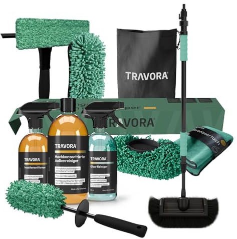 TRAVORA Premium Auto Reinigungsset - 10-teiliges Auto Reinigungsset aussen inkl. Bio Auto Reiniger, Teleskop Waschbürste, Brush Cover, Felgenbürste, Auto Schwamm, Microfasertuch, Wischer & Tasche