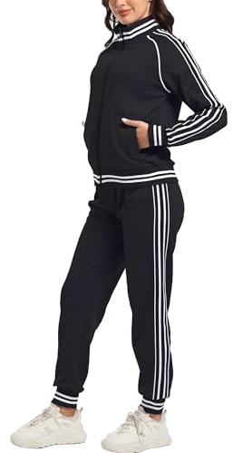 ANOTWENER Damen Trainingsanzug Set Gestreiftem Jogginganzug Sportanzug Zweiteiler Freizeitanzug mit Taschen S-XXL