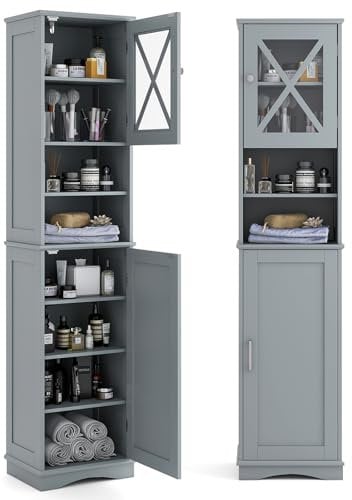 COSTWAY Bathroom Tall Cabinet, Freestanding Storage Cupboard with 5 Adjustable Shelves and 2 Doors, Wooden Tall Narrow Slim Bathroom Unit Floor Cabinet for Living Room Hallway, 40x30x170cm (Grey)
