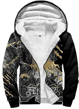 Wikinger Fenrir Wolf Herren Winterjacke, 3D Printed Ragnarök Dicke Warme Sherpa-Futter Parka, Mittelalter Langarm Reißverschluss Hoodie Mantel, Mode Winddichte Umhang, Großartig für kaltes Wetter(Zip