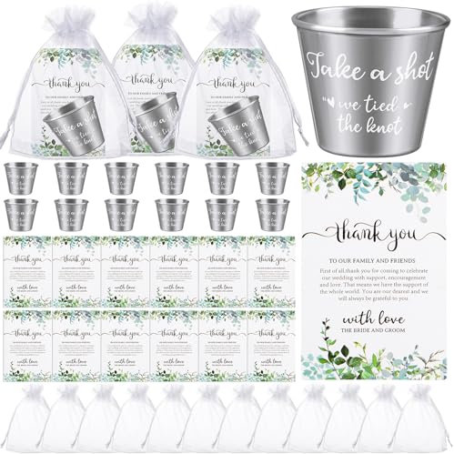 ULELE Juego de 36 recuerdos de boda para invitados a granel con vasos de chupito de acero inoxidable de 1.5 onzas, tarjetas de agradecimiento, bolsas de organza; regalos de agradecimiento de boda;