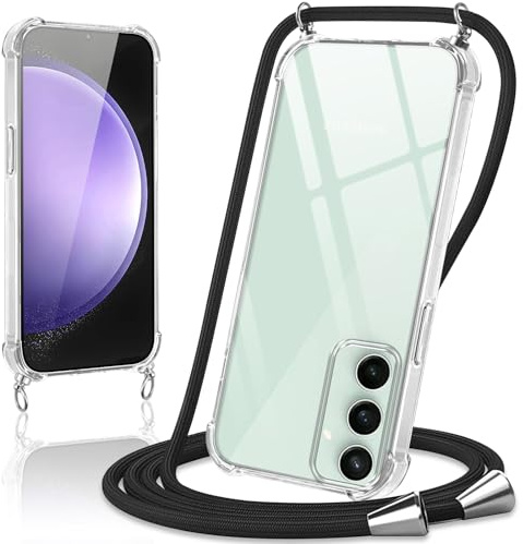 Coiwxmoi Coque avec Cordon pour Samsung Galaxy S23 FE 6.4, Collier Réglable Téléphone Étui Portable Lanyard Case Transparent Ultra Souple Silicone TPU Housse Antichoc Protection Cover, Noir
