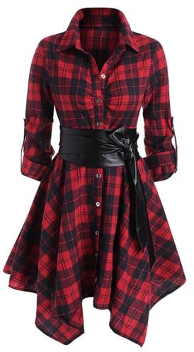 KKvoPiQ Kleidung Damen Langarm Kleid Button Down Leicht Midikleid Mit Gürtel Gothic Partykleid - Hemdkleid Unregelmäßiger Saum Ausgestelltes Kleid Mit Gürtel - Lässiges Langarm Kleid Mit Knopfleiste
