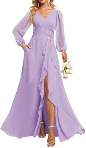 Damen Brautjungfernkleider mit Laternenärmeln und Schlitz, lang, plissiert, formell, Abendkleid, Partykleid mit Taschen, Flieder, 40