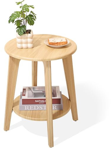 End Table Small Round Side Table with 2 Storage Shelves Beige End Tables Accent Sofa Bedside Table Modern Night Stand for Living Room Bedroom Small Spaces